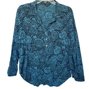 Rock & Republic Blue & Black Rose Print Button Shirt Womens M Grunge Chic Top